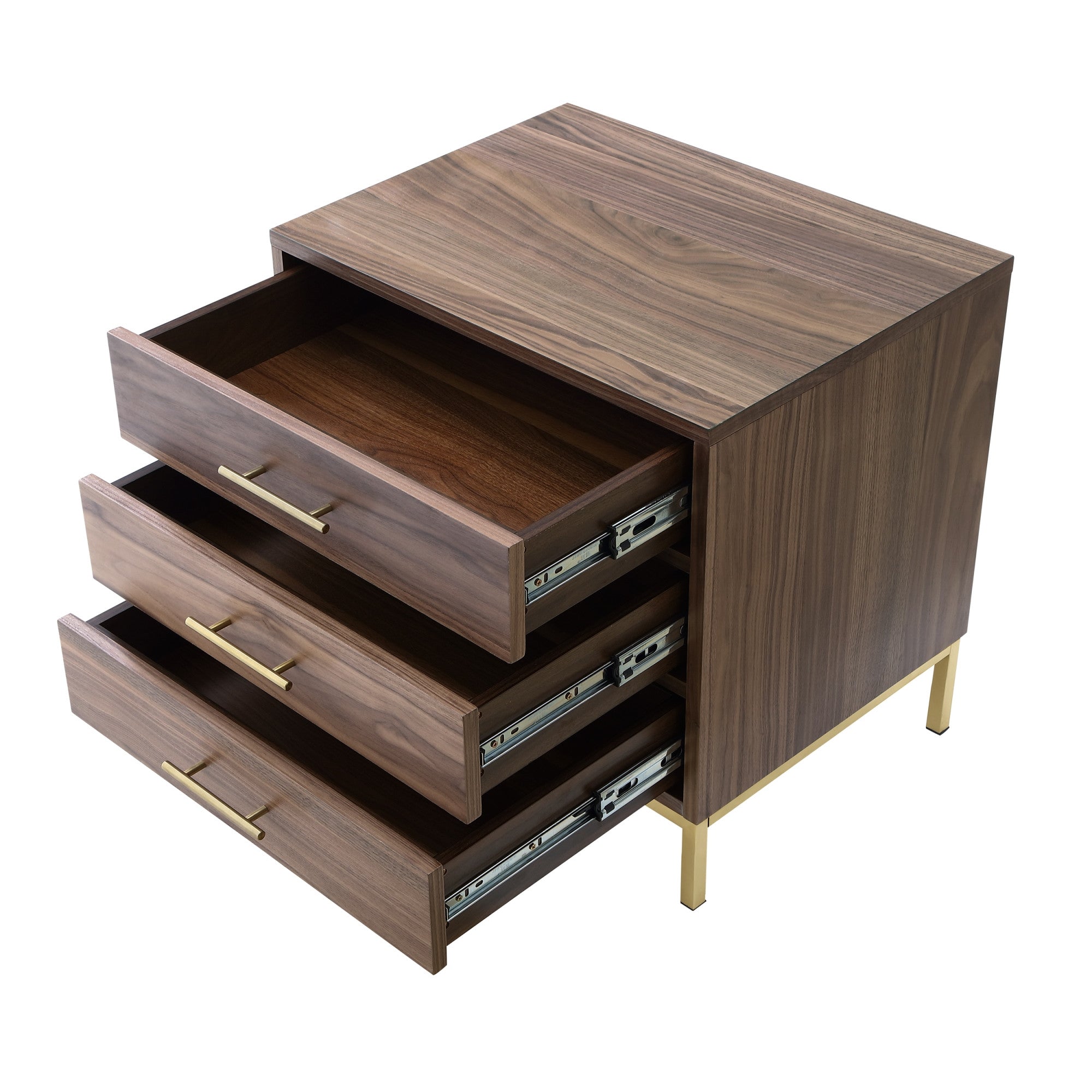 24 Gold and Wood Brown Veneer End Table with Three Drawers