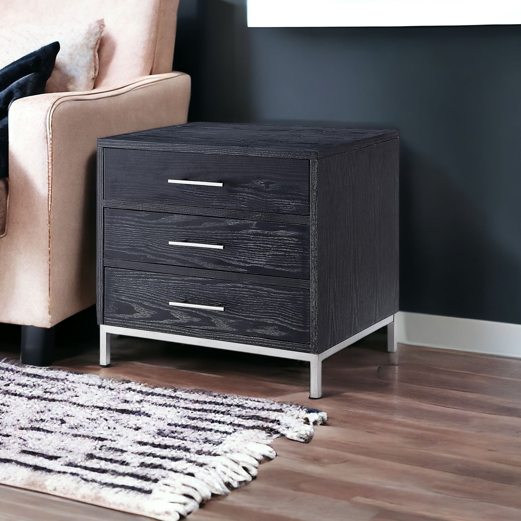 24 Gold and Wood Brown Veneer End Table with Three Drawers