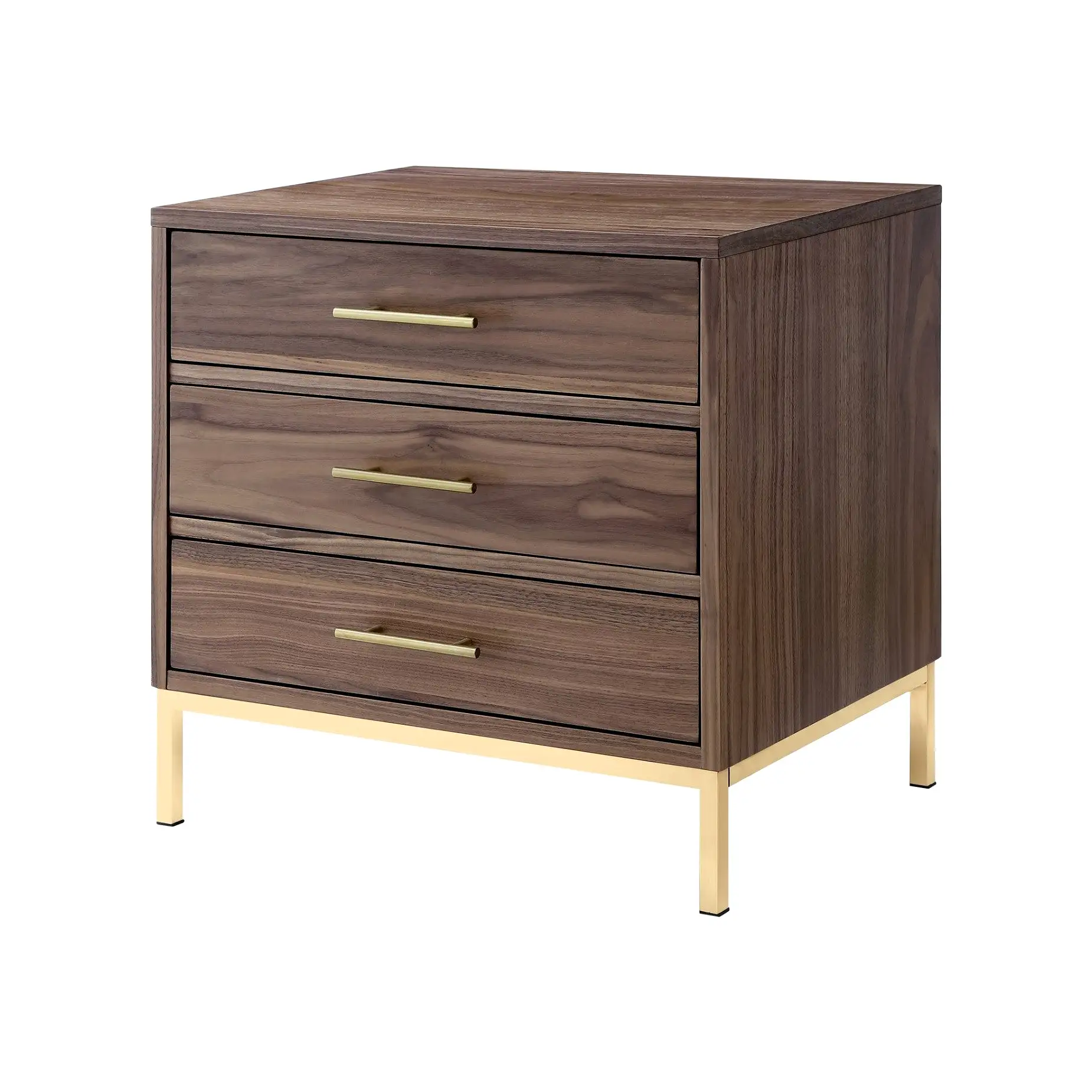 24 Gold and Wood Brown Veneer End Table with Three Drawers