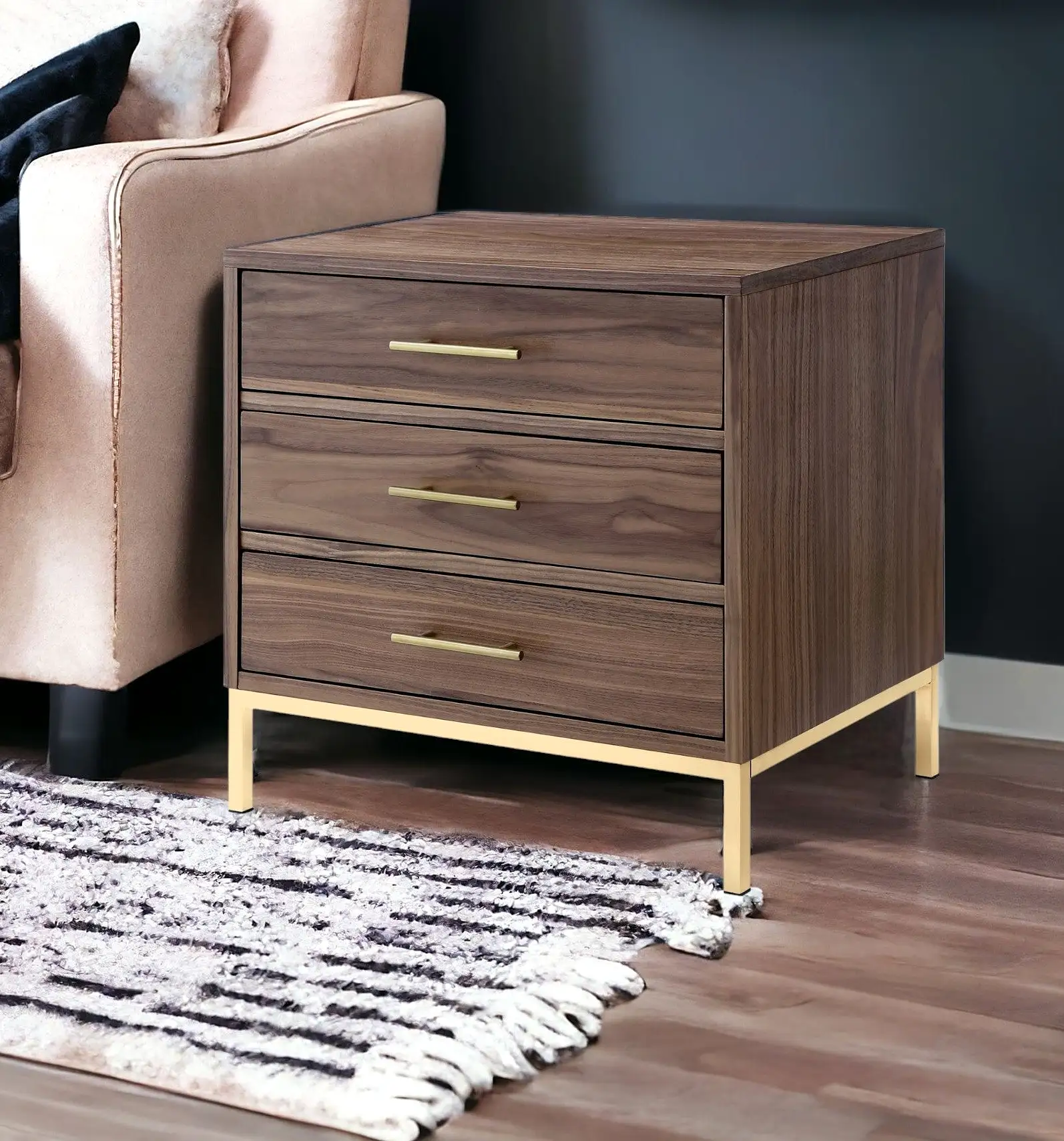 24 Gold and Wood Brown Veneer End Table with Three Drawers