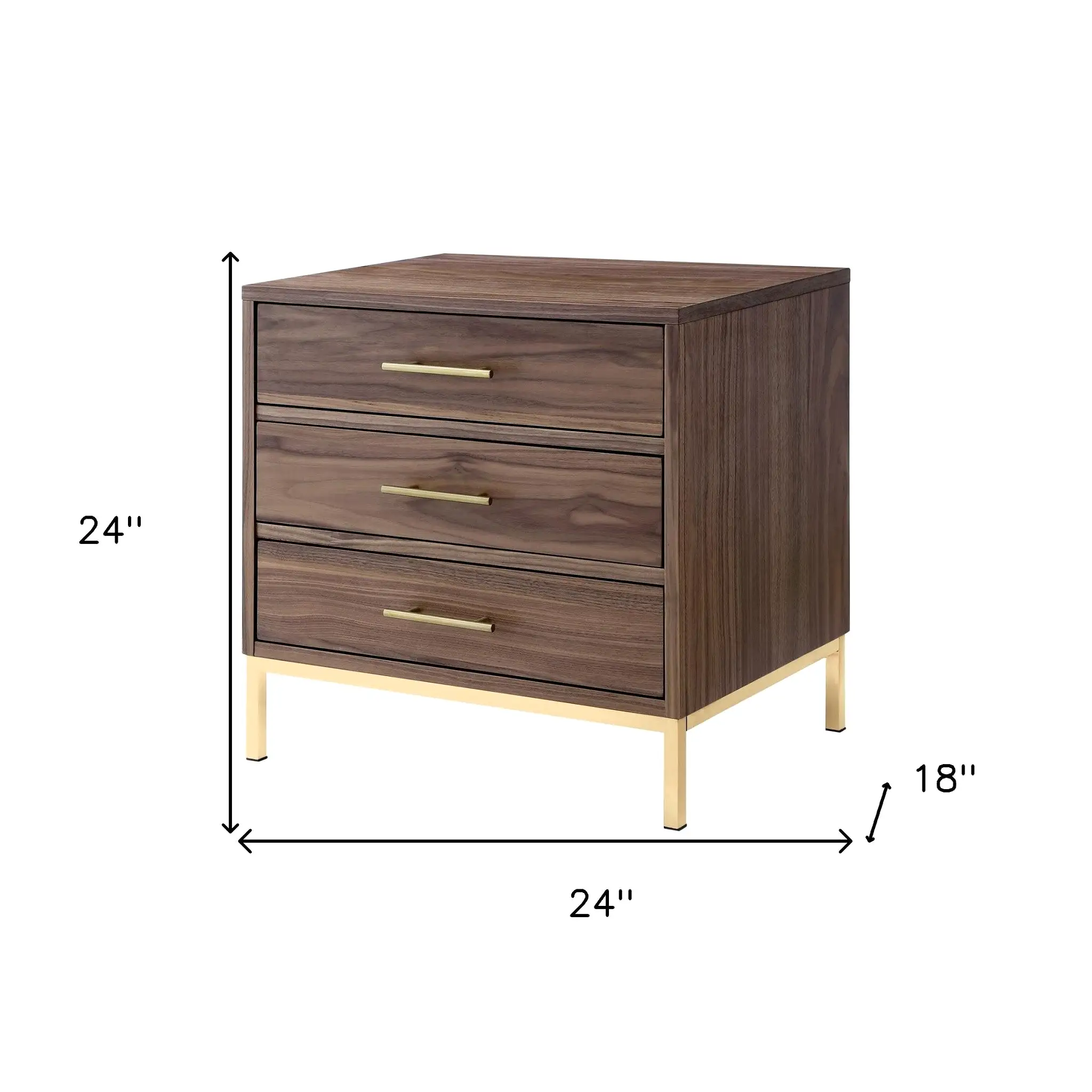 24 Gold and Wood Brown Veneer End Table with Three Drawers