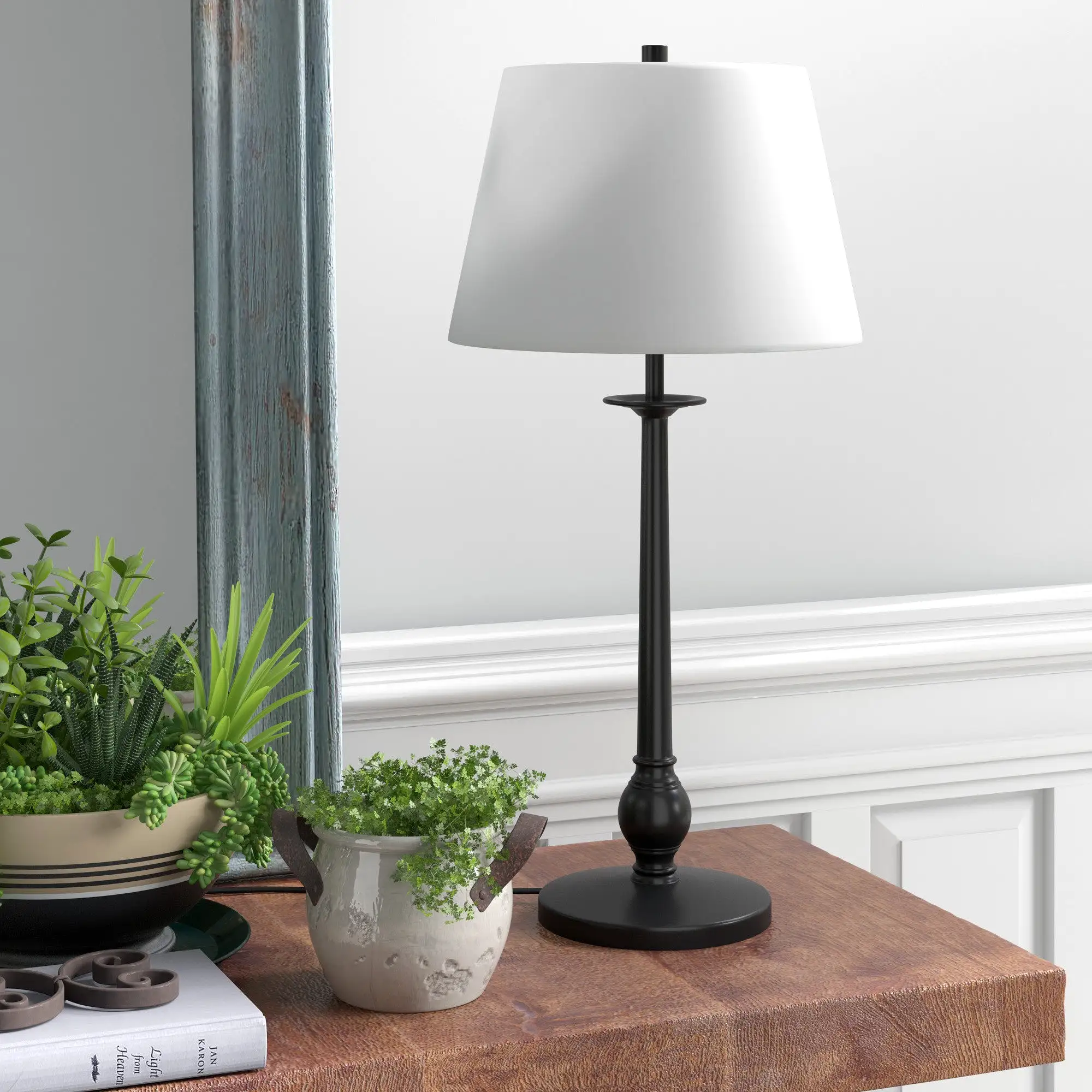 28 Black Metal Table Lamp With White Empire Shade