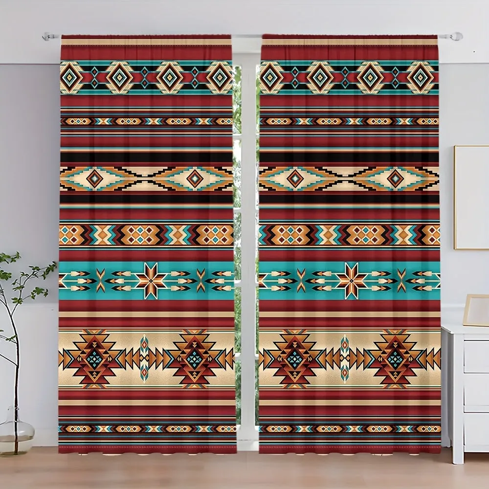 2pc, Southwest Pattern Curtain, Rod Pocket Curtain, Digital Printed Curtain, Polyester Material, Suitable For Living Room, Kitch