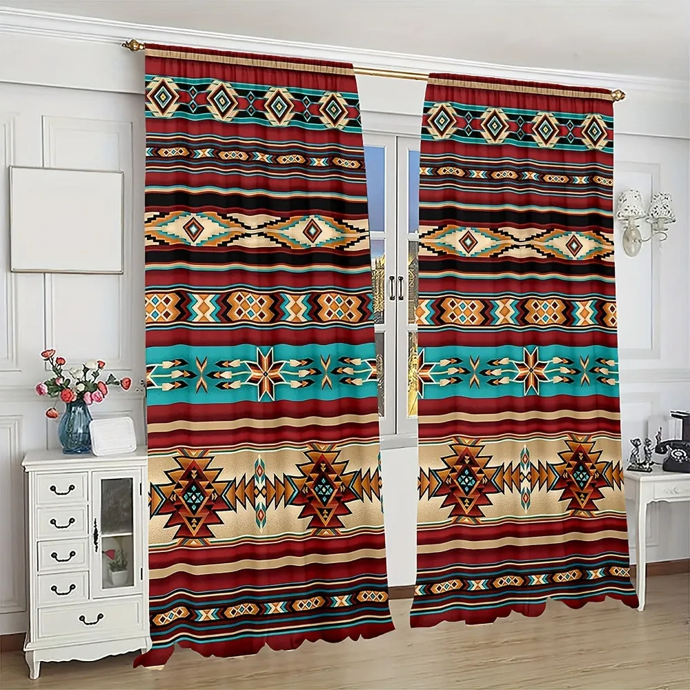 2pc, Southwest Pattern Curtain, Rod Pocket Curtain, Digital Printed Curtain, Polyester Material, Suitable For Living Room, Kitch