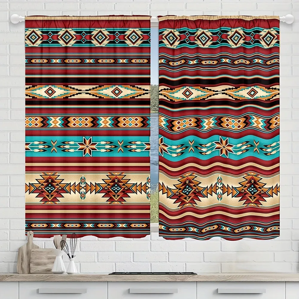 2pc, Southwest Pattern Curtain, Rod Pocket Curtain, Digital Printed Curtain, Polyester Material, Suitable For Living Room, Kitch