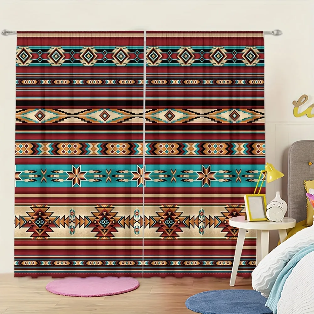 2pc, Southwest Pattern Curtain, Rod Pocket Curtain, Digital Printed Curtain, Polyester Material, Suitable For Living Room, Kitch