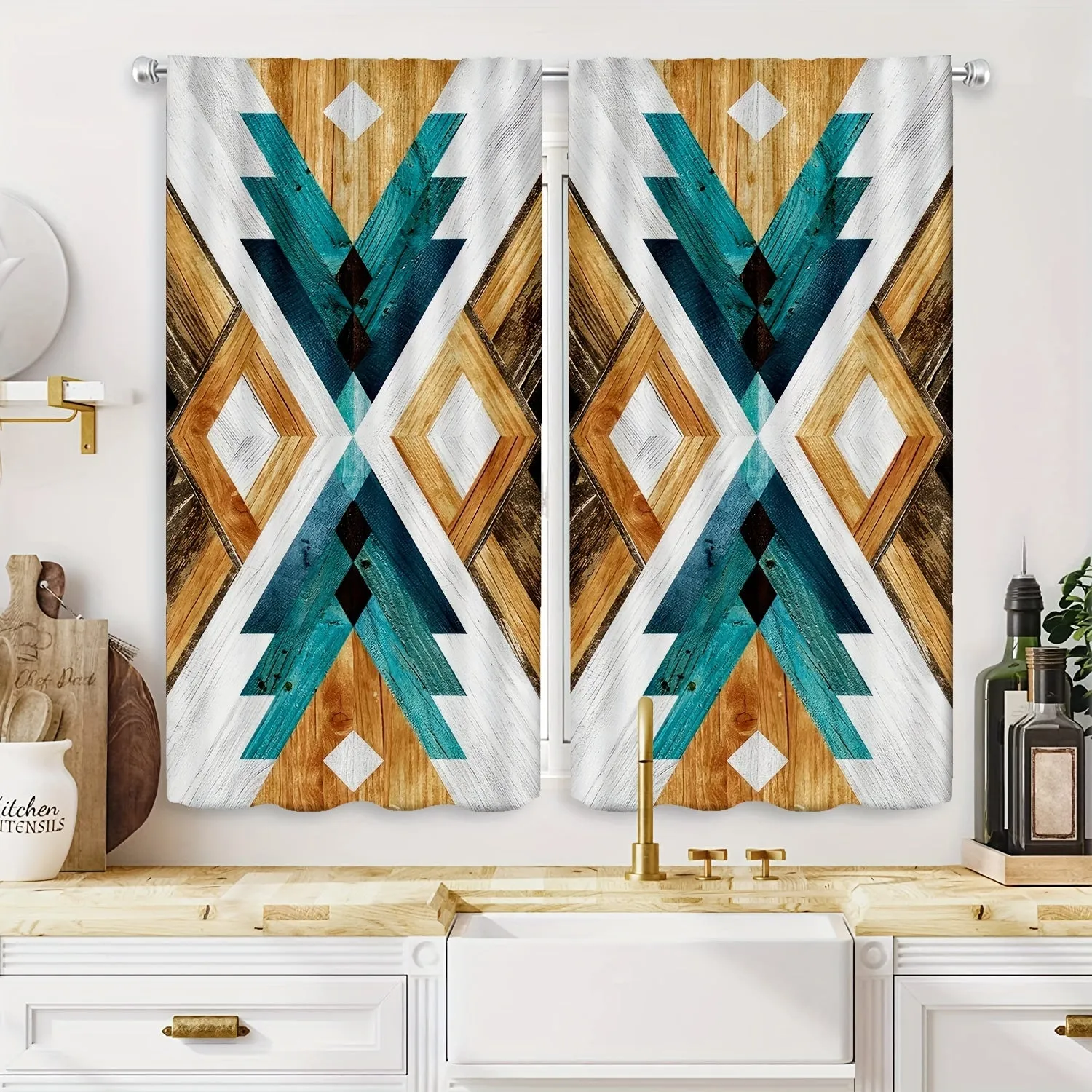 2pcs Southwest HD Digital Printing Curtains Living Room Bedroom Rod Pocket Curtain Style Colorful Geometric Effect Style Bedroom