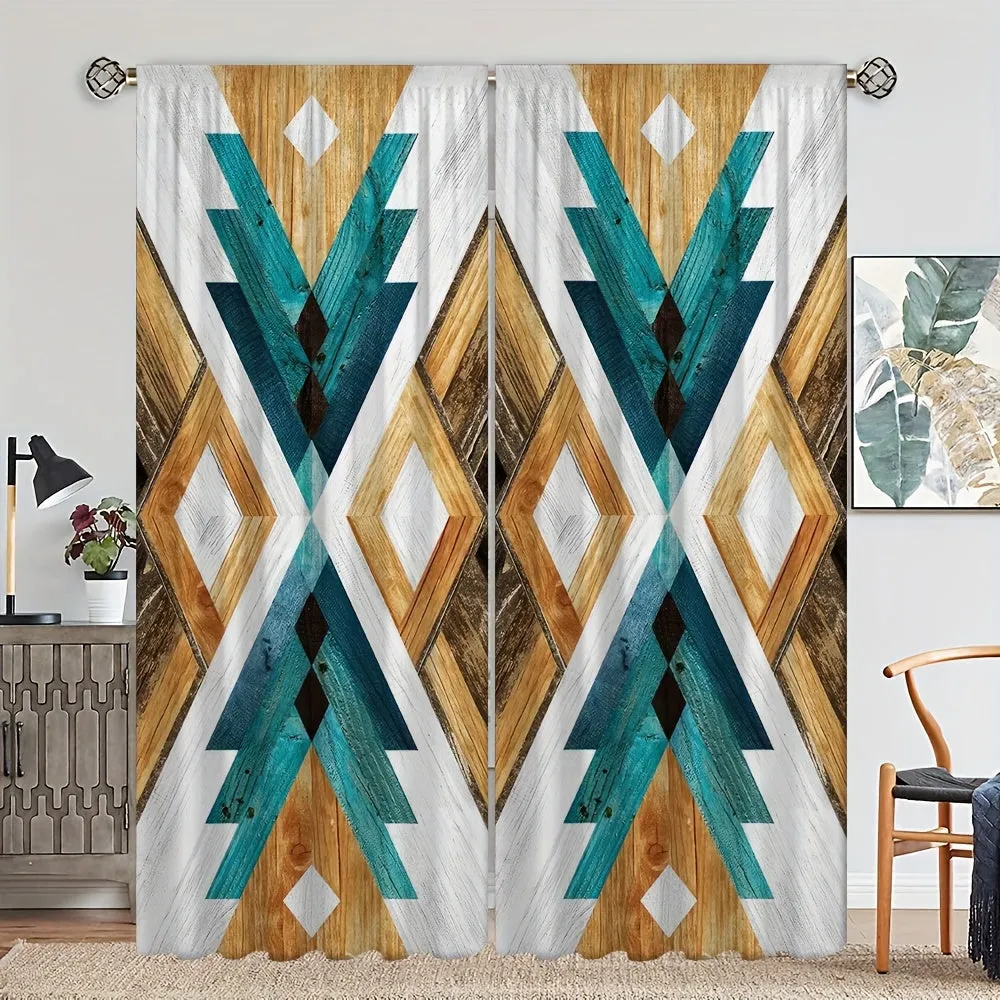 2pcs Southwest HD Digital Printing Curtains Living Room Bedroom Rod Pocket Curtain Style Colorful Geometric Effect Style Bedroom