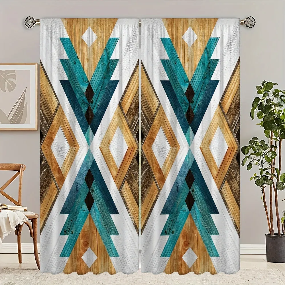 2pcs Southwest HD Digital Printing Curtains Living Room Bedroom Rod Pocket Curtain Style Colorful Geometric Effect Style Bedroom