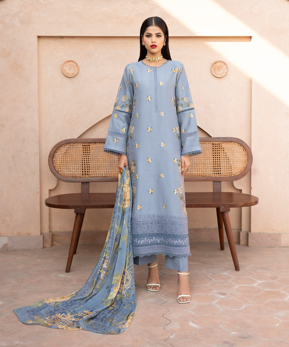 3 Piece - Embroidered Cotton Net Suit