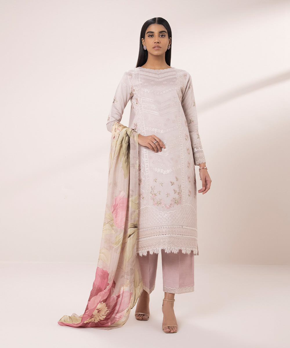 3 Piece - Embroidered Cotton Net Suit