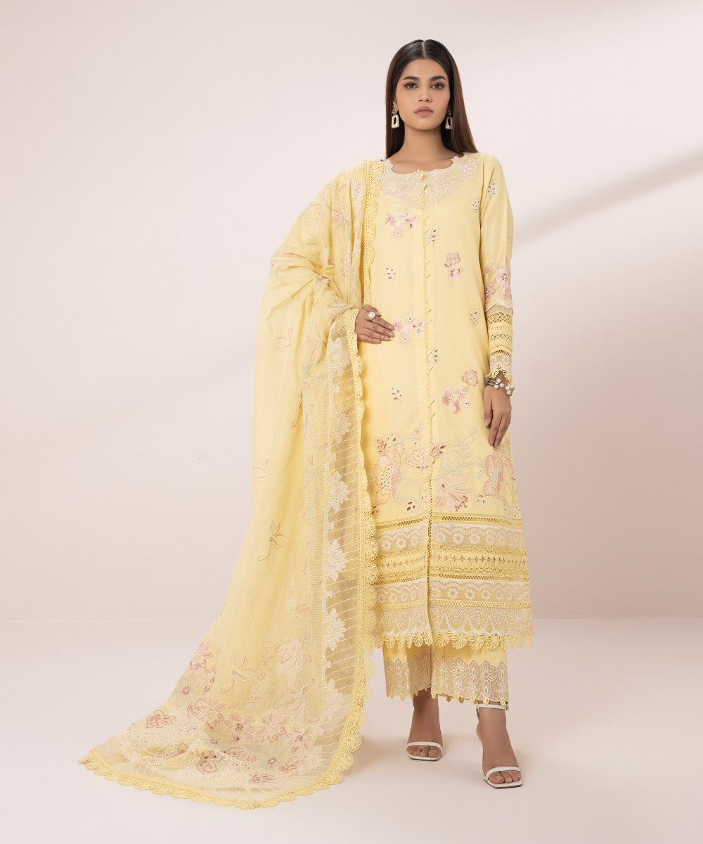 3 Piece - Embroidered Cotton Satin Suit