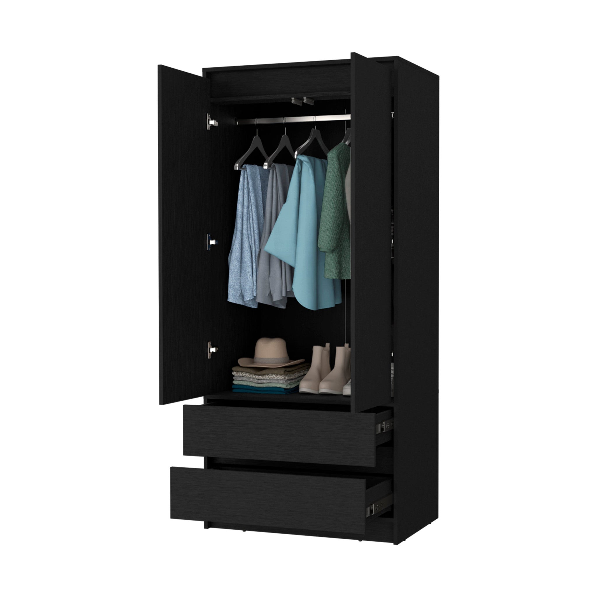 32 Black Accent Cabinet Soft Close With Multiple Shelves And Three Drawers