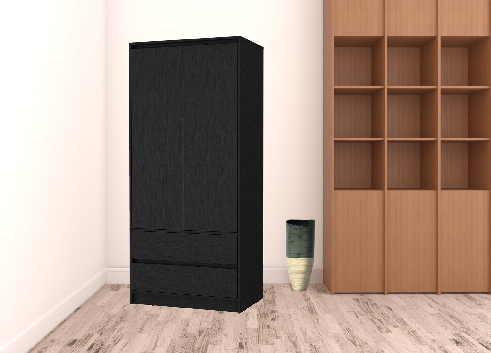 32 Black Accent Cabinet Soft Close With Multiple Shelves And Three Drawers