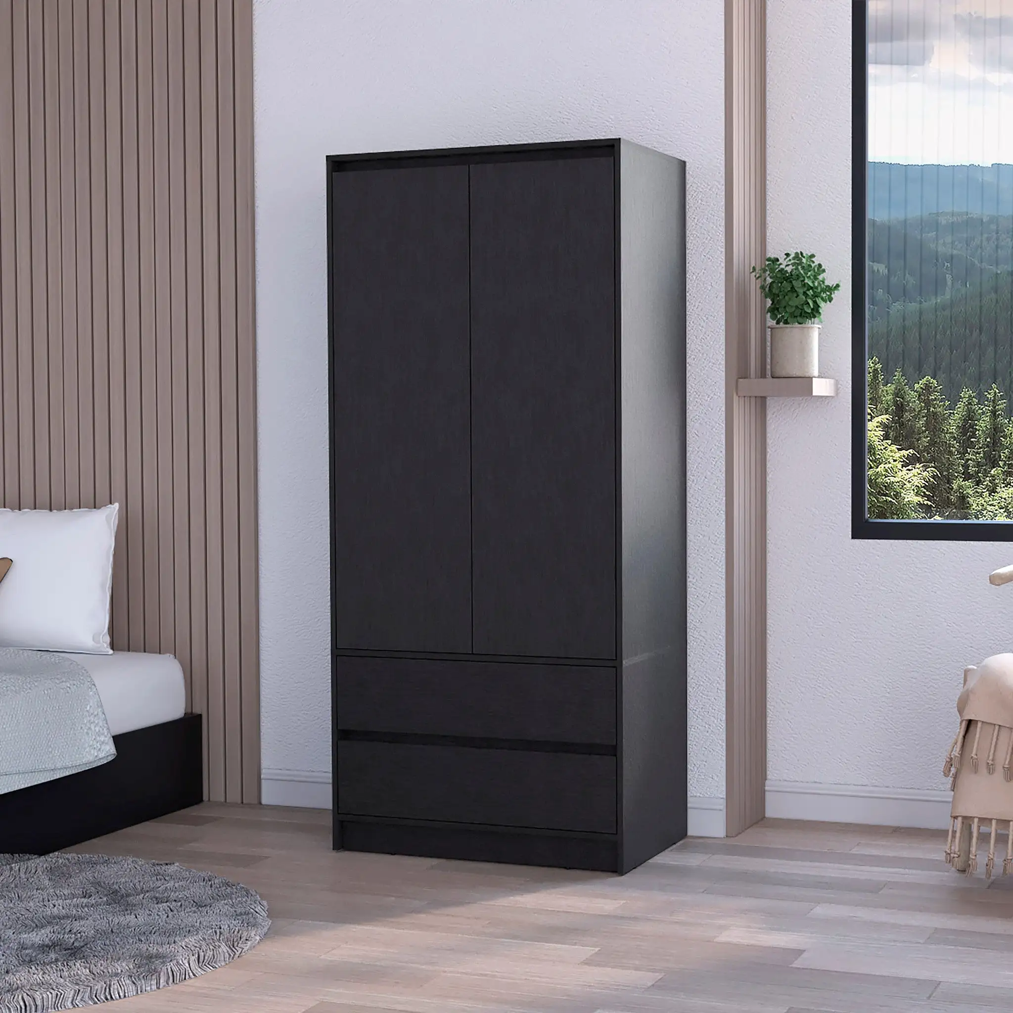 32 Black Accent Cabinet Soft Close With Multiple Shelves And Three Drawers