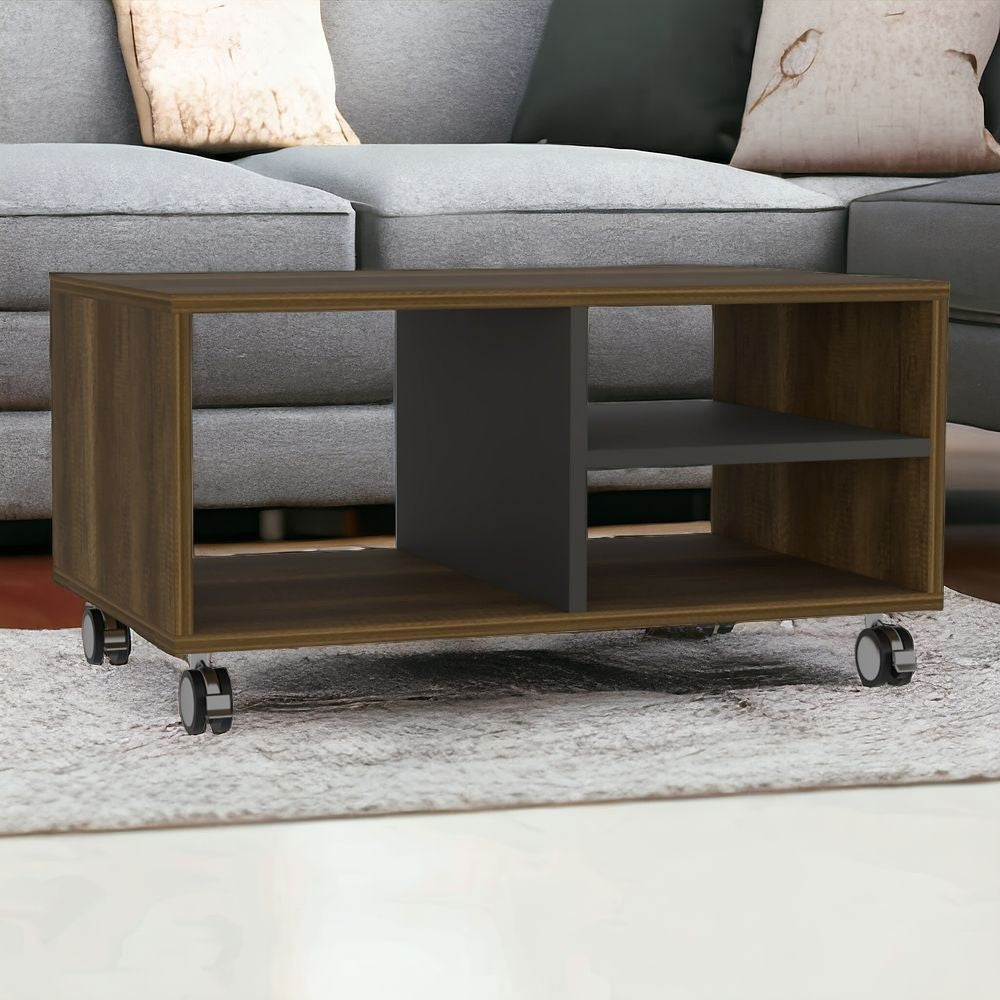 32 Brown And Black Coffee Table With Three Shelves