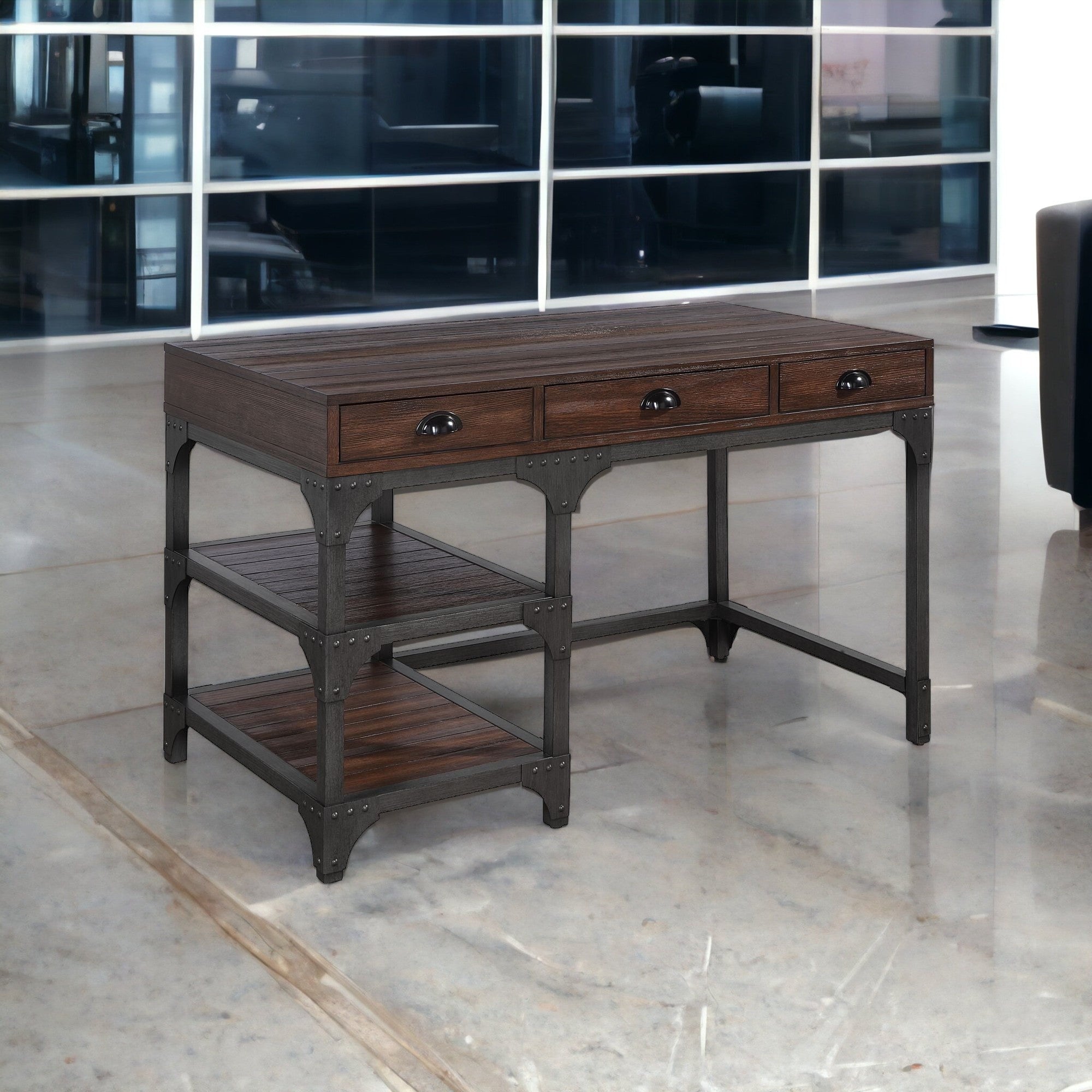 47 Espresso and Gray Writing Desk With Three Drawers