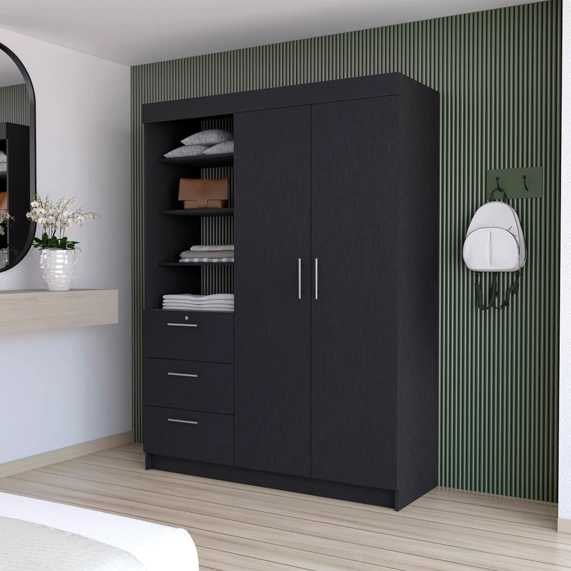 59 Black Accent Cabinet Soft Close With Three Shelves And One Drawer