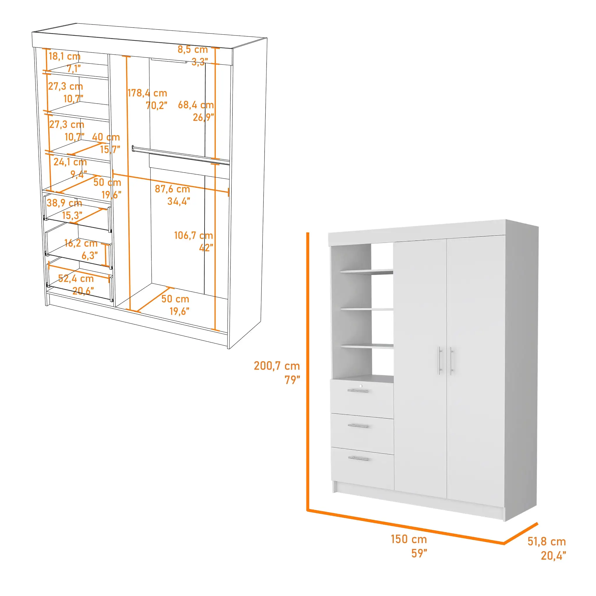 59 White Accent Cabinet Soft Close With Three Shelves And Three Drawers