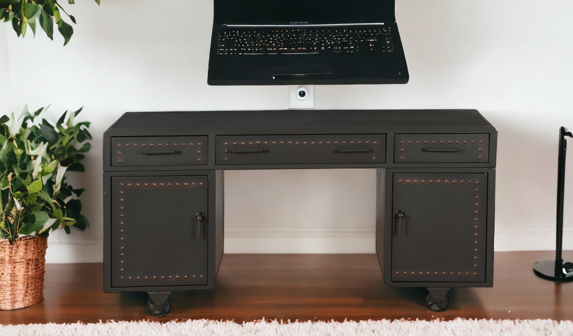 63 Gray Metal Executive Desk With Two Cabinets Three Drawers