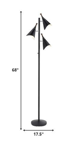 68 Black Three Light Tree Floor Lamp With Black Solid Color Cone Shade