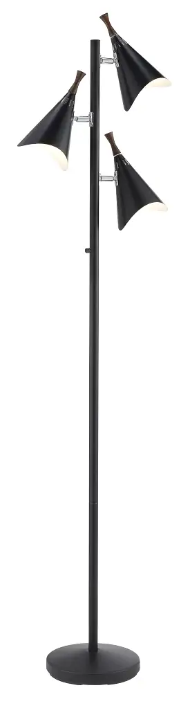 68 Black Three Light Tree Floor Lamp With Black Solid Color Cone Shade