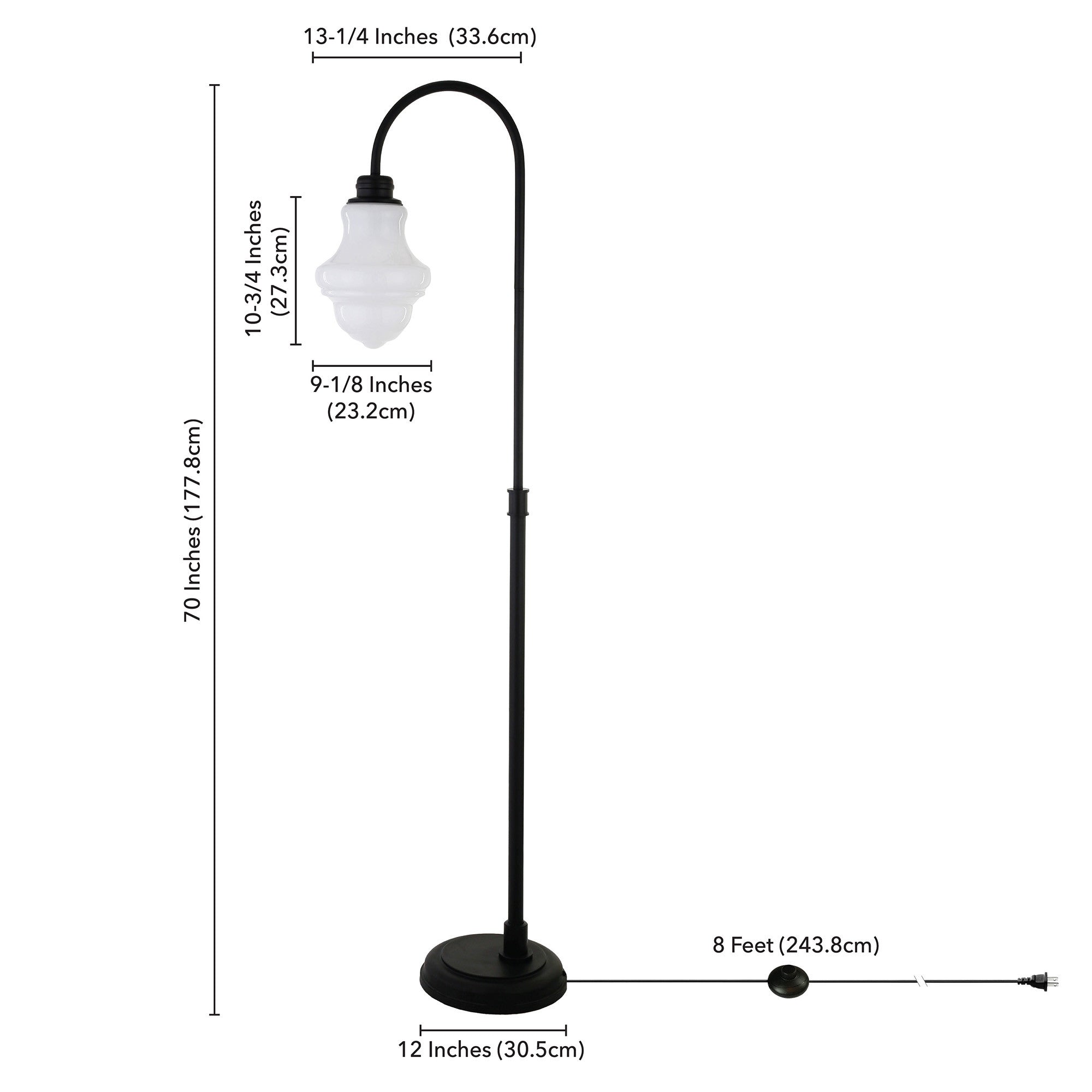 70 Black Arched Floor Lamp With White Frosted Glass Empire Shade