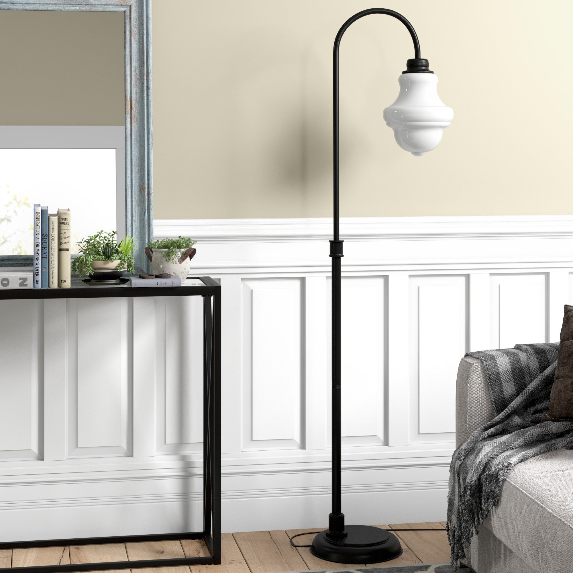 70 Black Arched Floor Lamp With White Frosted Glass Empire Shade