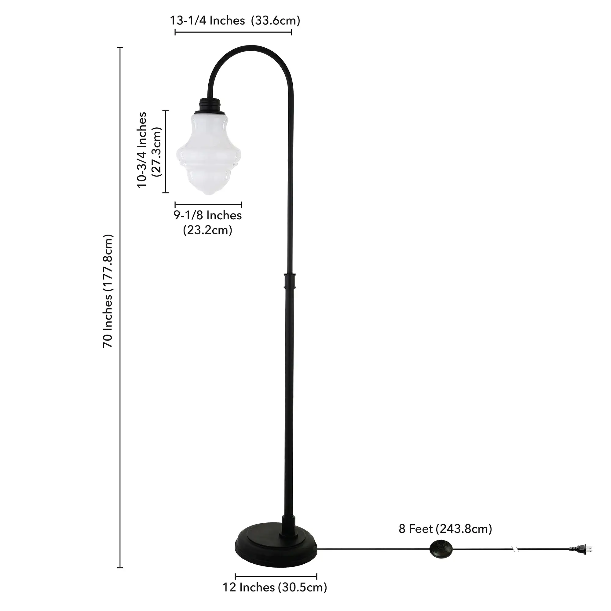 70 Black Arched Floor Lamp With White Frosted Glass Empire Shade