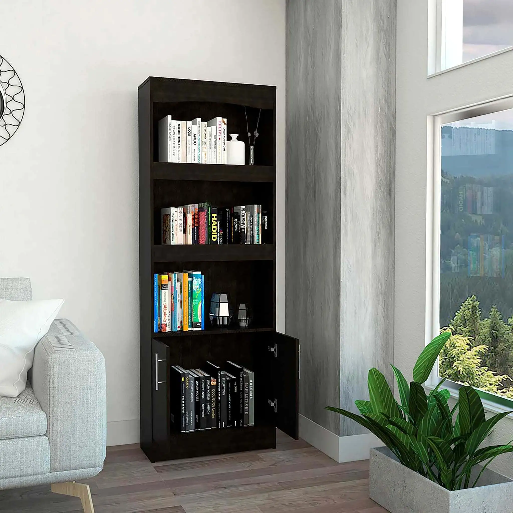 71 Light Gray Three Tier Bookcase with Two doors