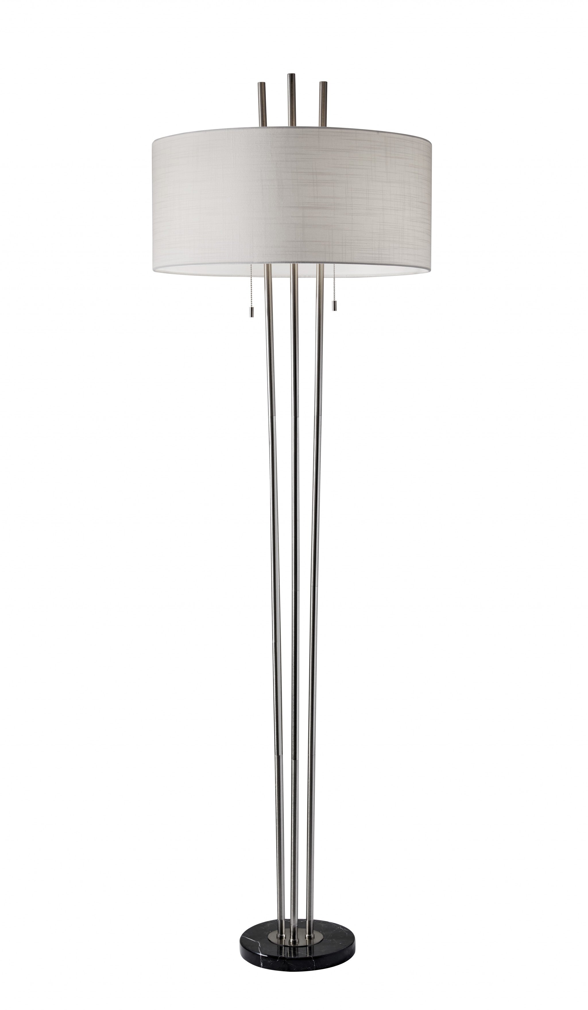 71 Two Light Three Pole Floor Lamp With White Fabric Drum Shade