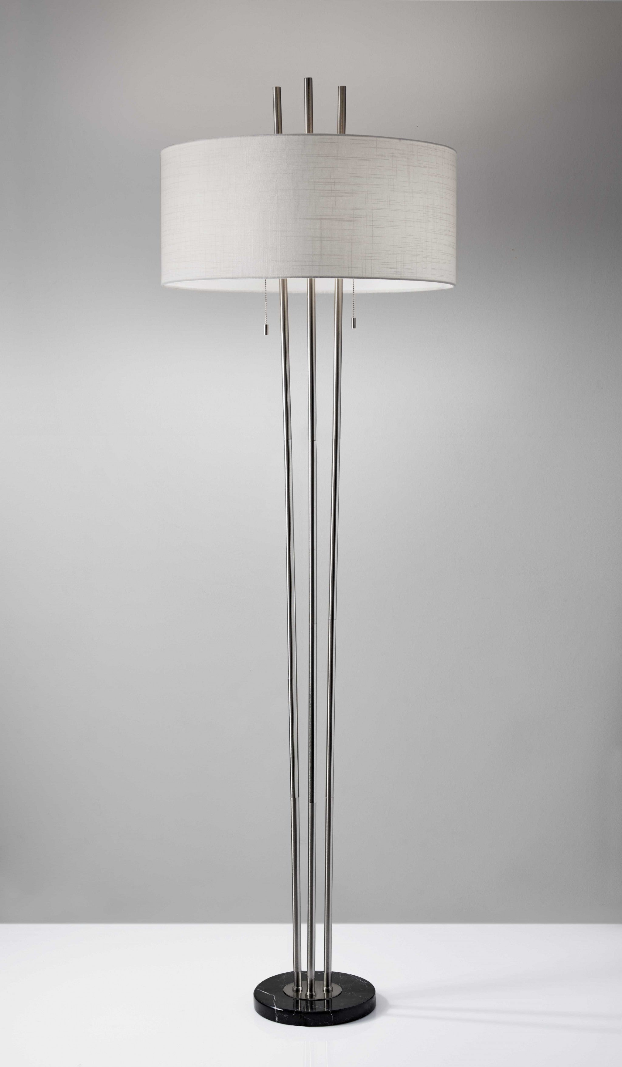 71 Two Light Three Pole Floor Lamp With White Fabric Drum Shade