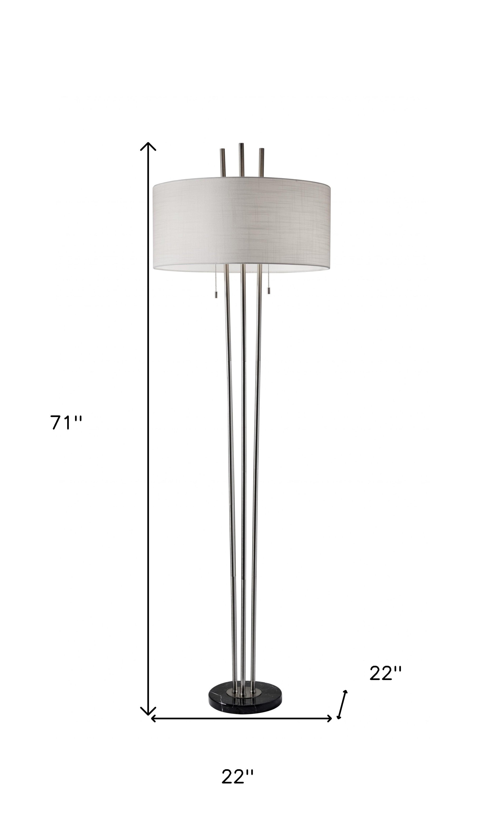 71 Two Light Three Pole Floor Lamp With White Fabric Drum Shade