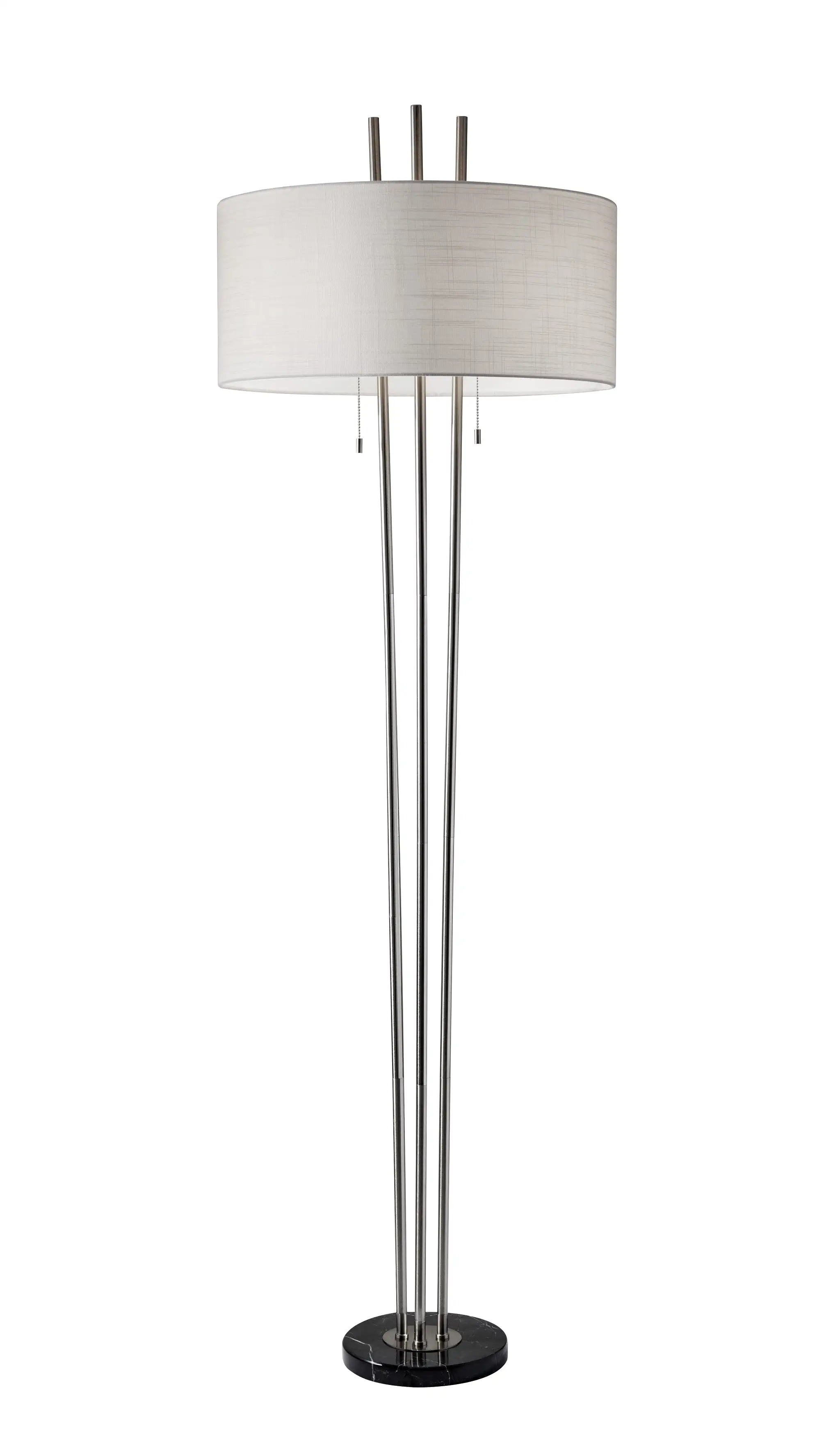 71 Two Light Three Pole Floor Lamp With White Fabric Drum Shade