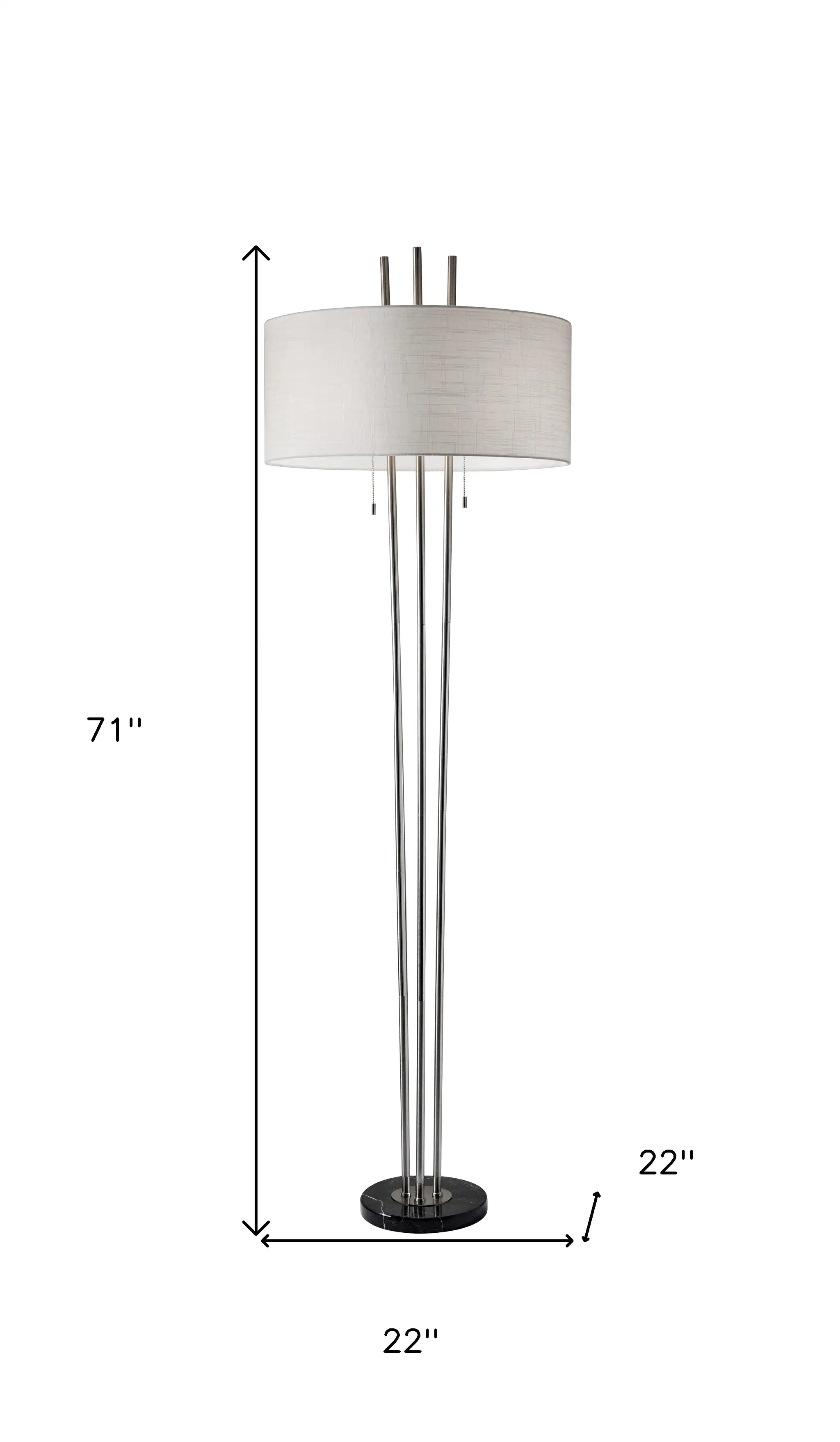 71 Two Light Three Pole Floor Lamp With White Fabric Drum Shade