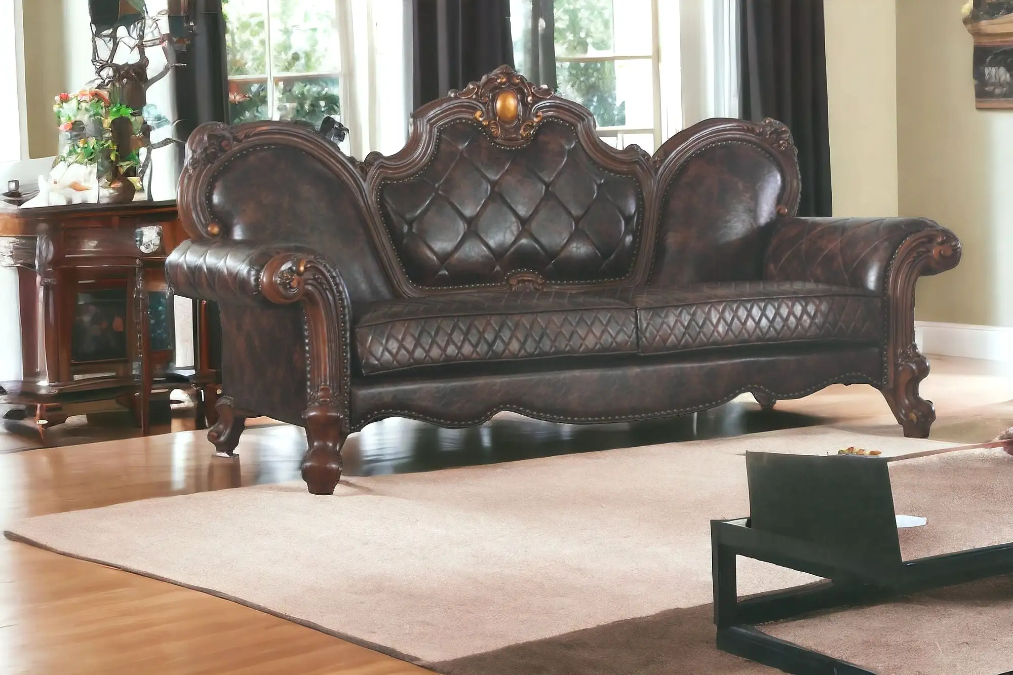 93 Dark Brown Faux Leather Sofa With Three Toss Pillows