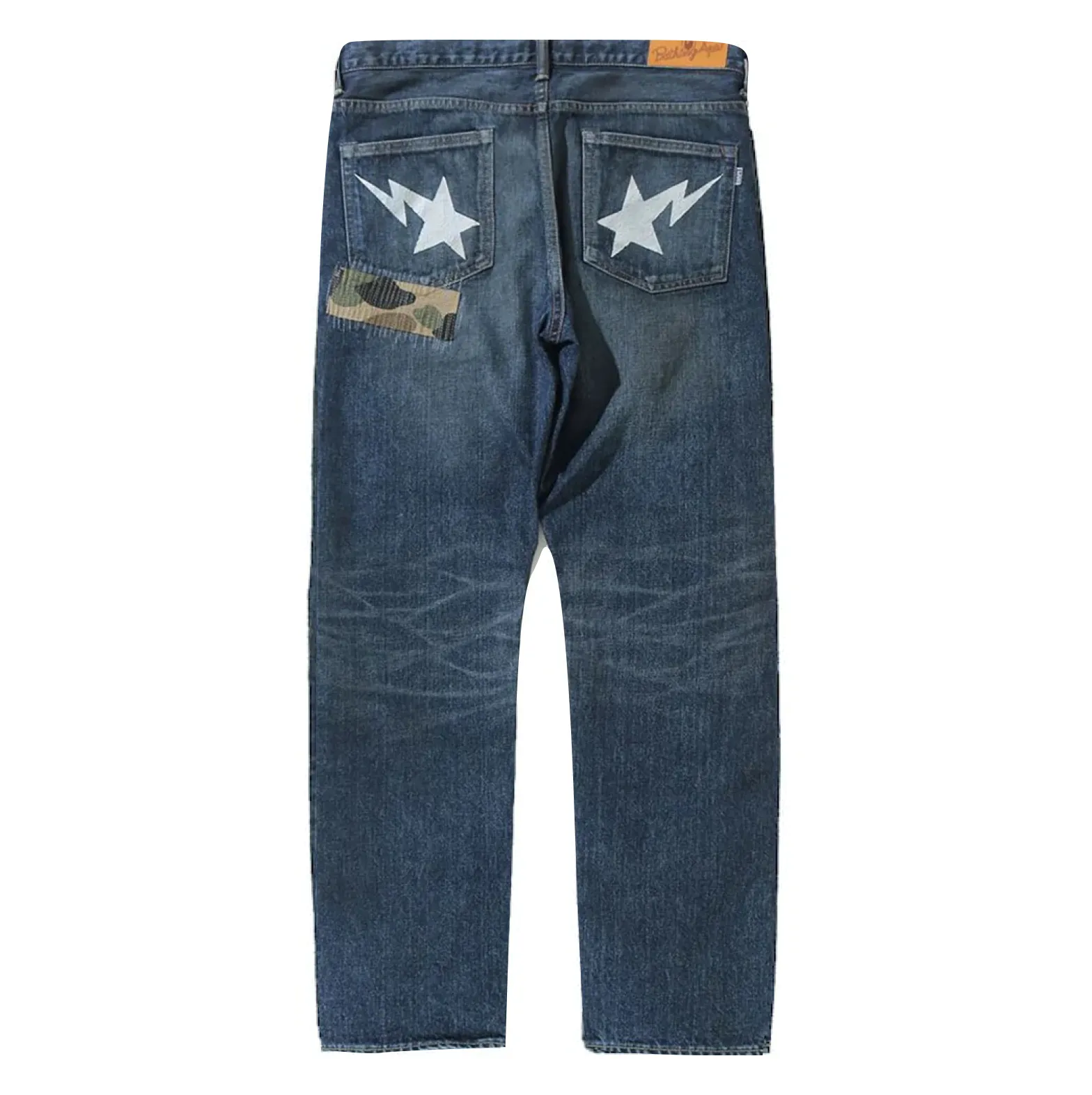 A BATHING APE 1999 TYPE-02 1ST CAMO PATCH DAMAGED DENIM PANTS - INDIGO