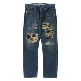 A BATHING APE 1999 TYPE-02 1ST CAMO PATCH DAMAGED DENIM PANTS - INDIGO