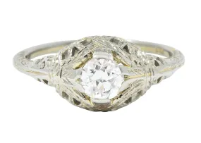 Art Deco 0.39 CTW Old European Cut Diamond 18 Karat White Gold Woven Wheat Engagement Ring