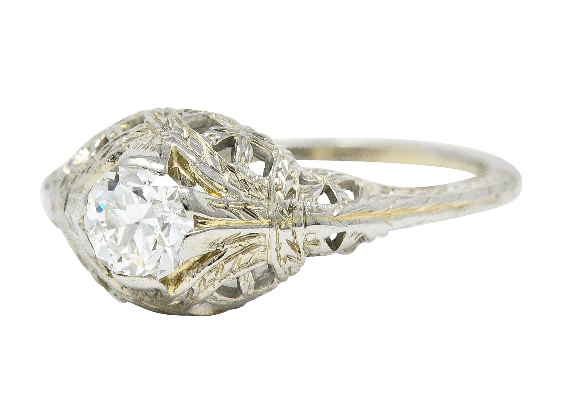 Art Deco 0.39 CTW Old European Cut Diamond 18 Karat White Gold Woven Wheat Engagement Ring