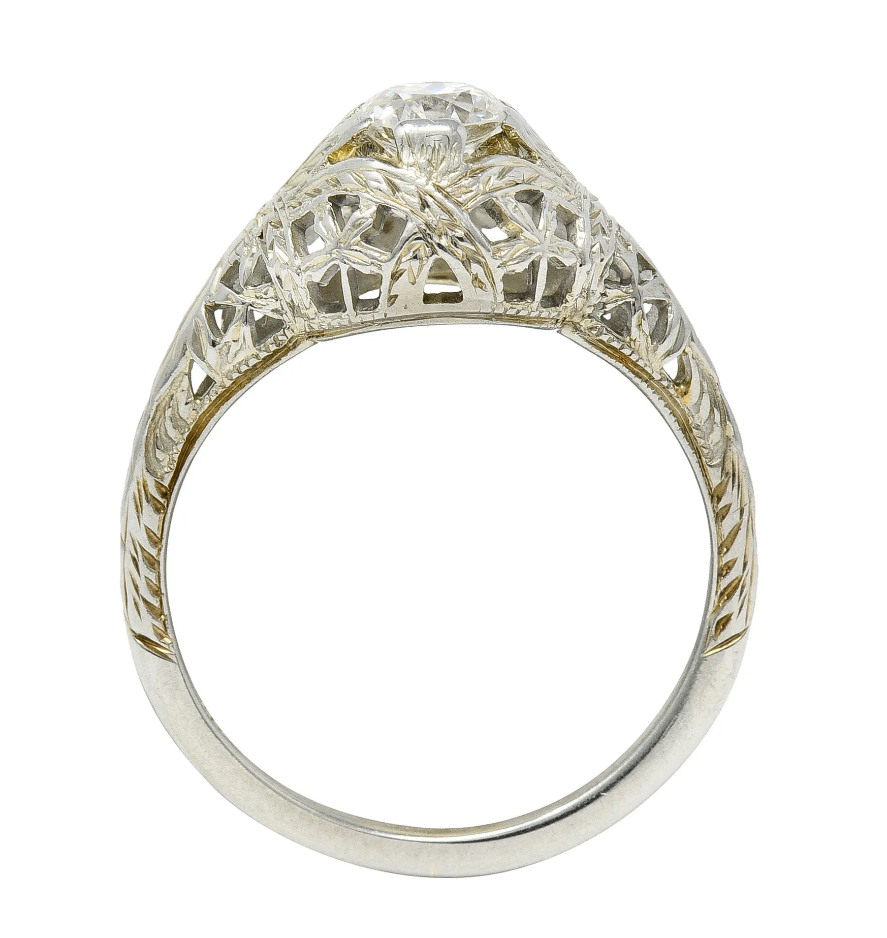 Art Deco 0.39 CTW Old European Cut Diamond 18 Karat White Gold Woven Wheat Engagement Ring