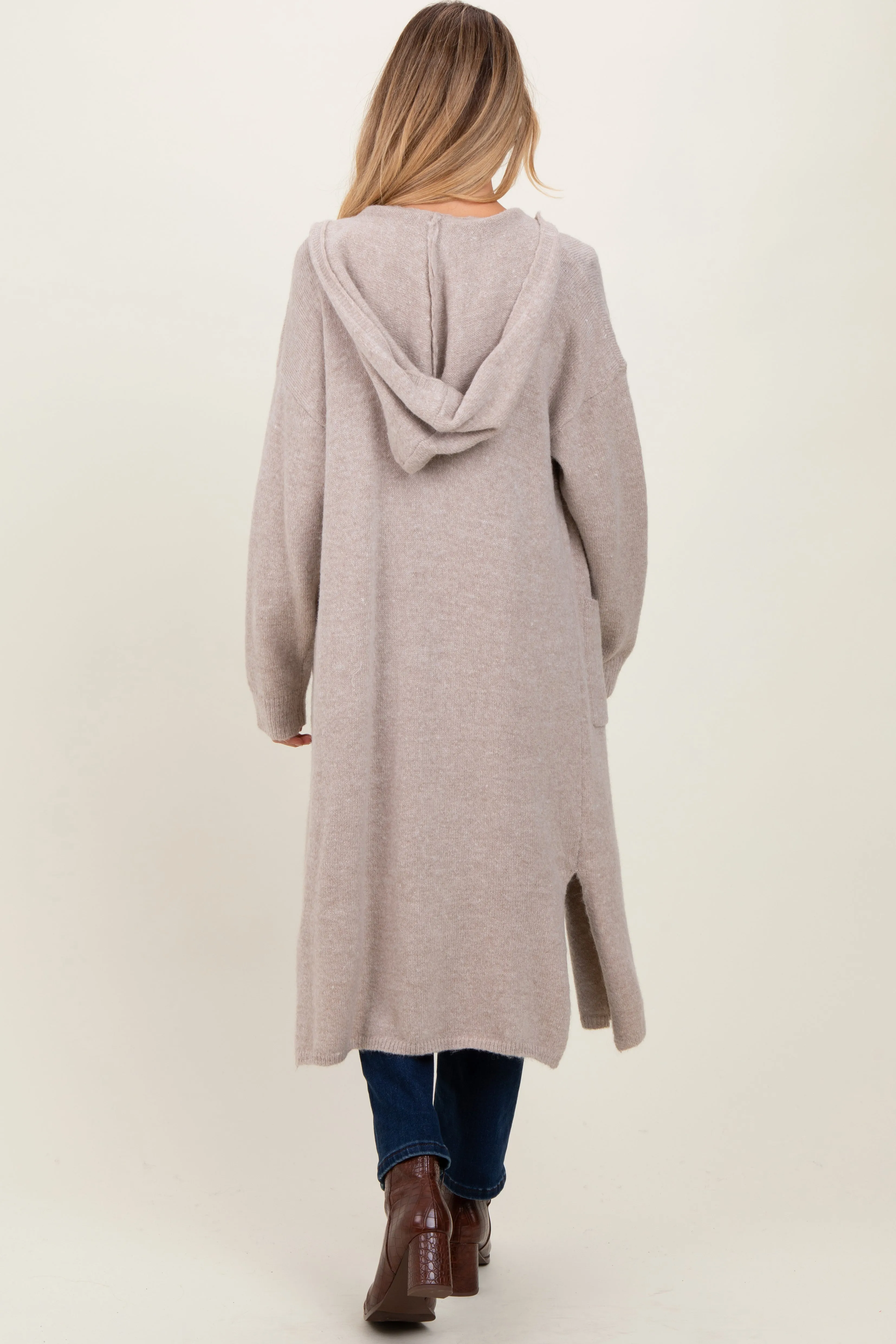 Beige Long Hooded Open Front Maternity Cardigan