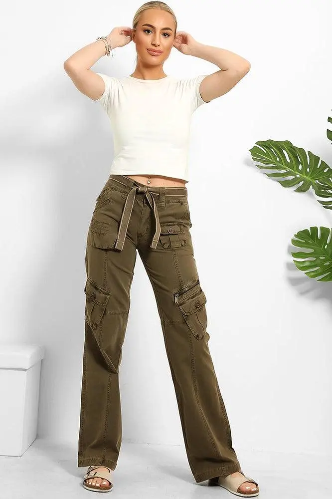 Belted Waistband Utility Pockets Cargo Trousers