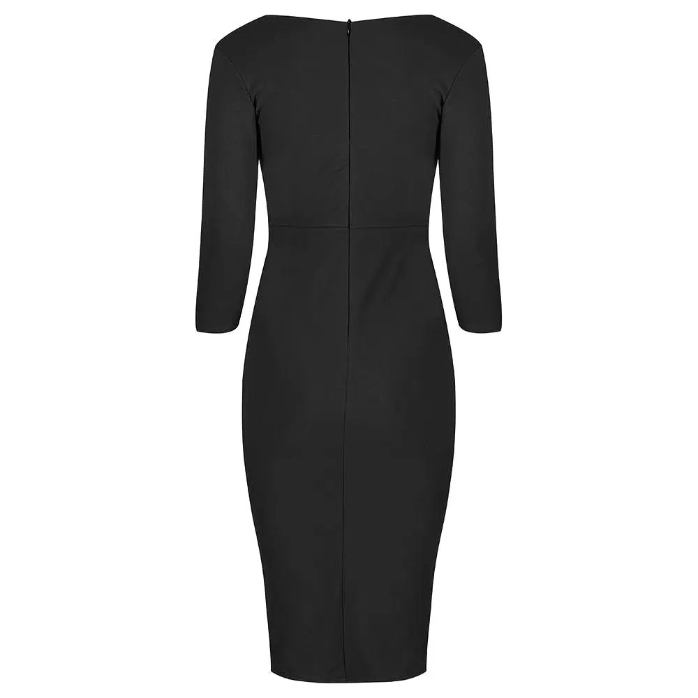 Black 3/4 Sleeve Empire Waist Waterfall Ruffle Wiggle Pencil Dress