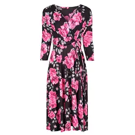 Black And Floral 3/4 Sleeve V Neck Crossover Top Empire Waist Tea Dress