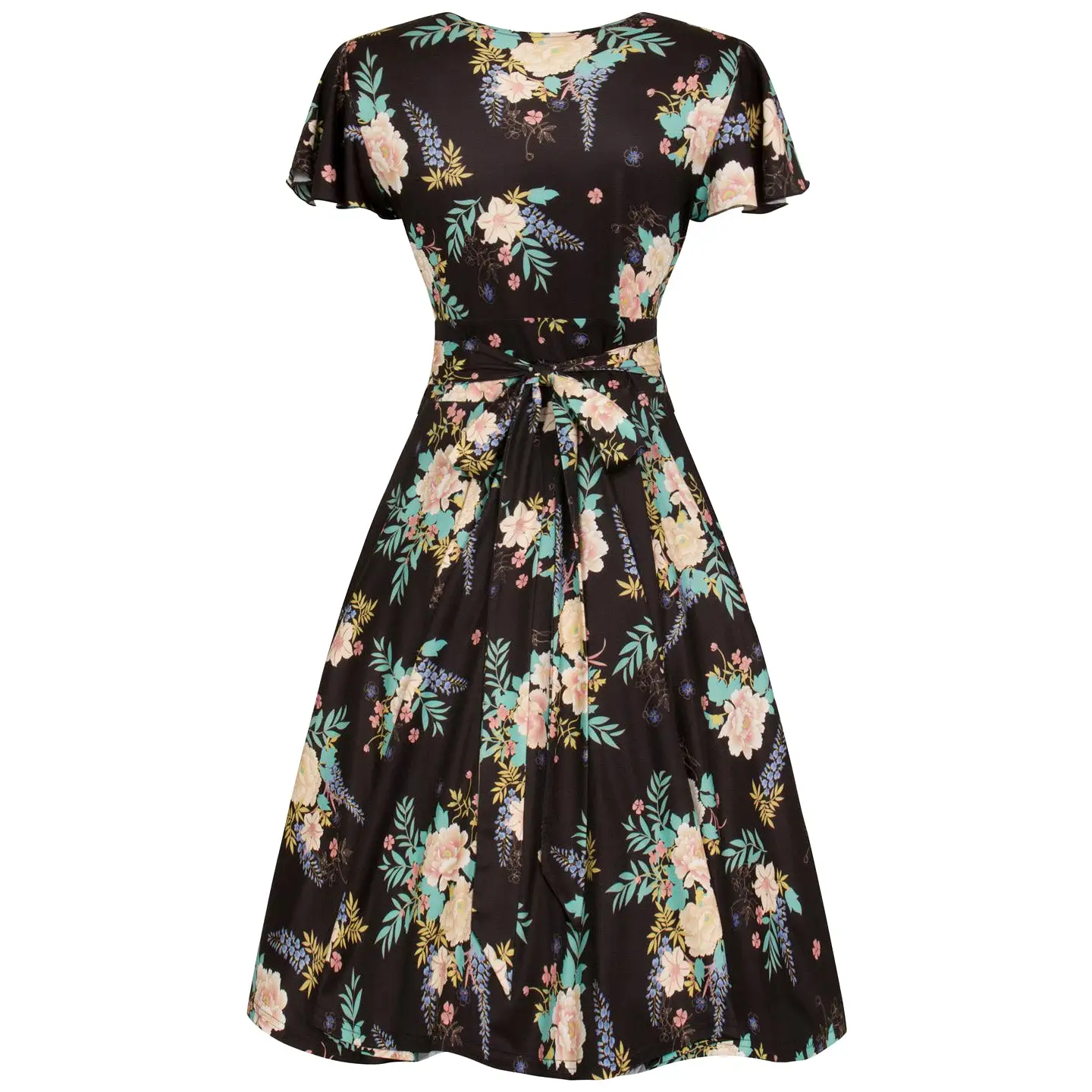 Black Floral Print Cap Sleeve Wrap Top Empire Waist Swing Dress