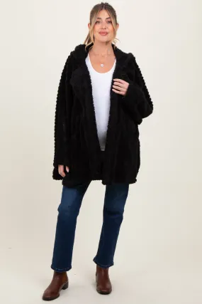 Black Fuzzy Slit Hem Hooded Maternity Cardigan