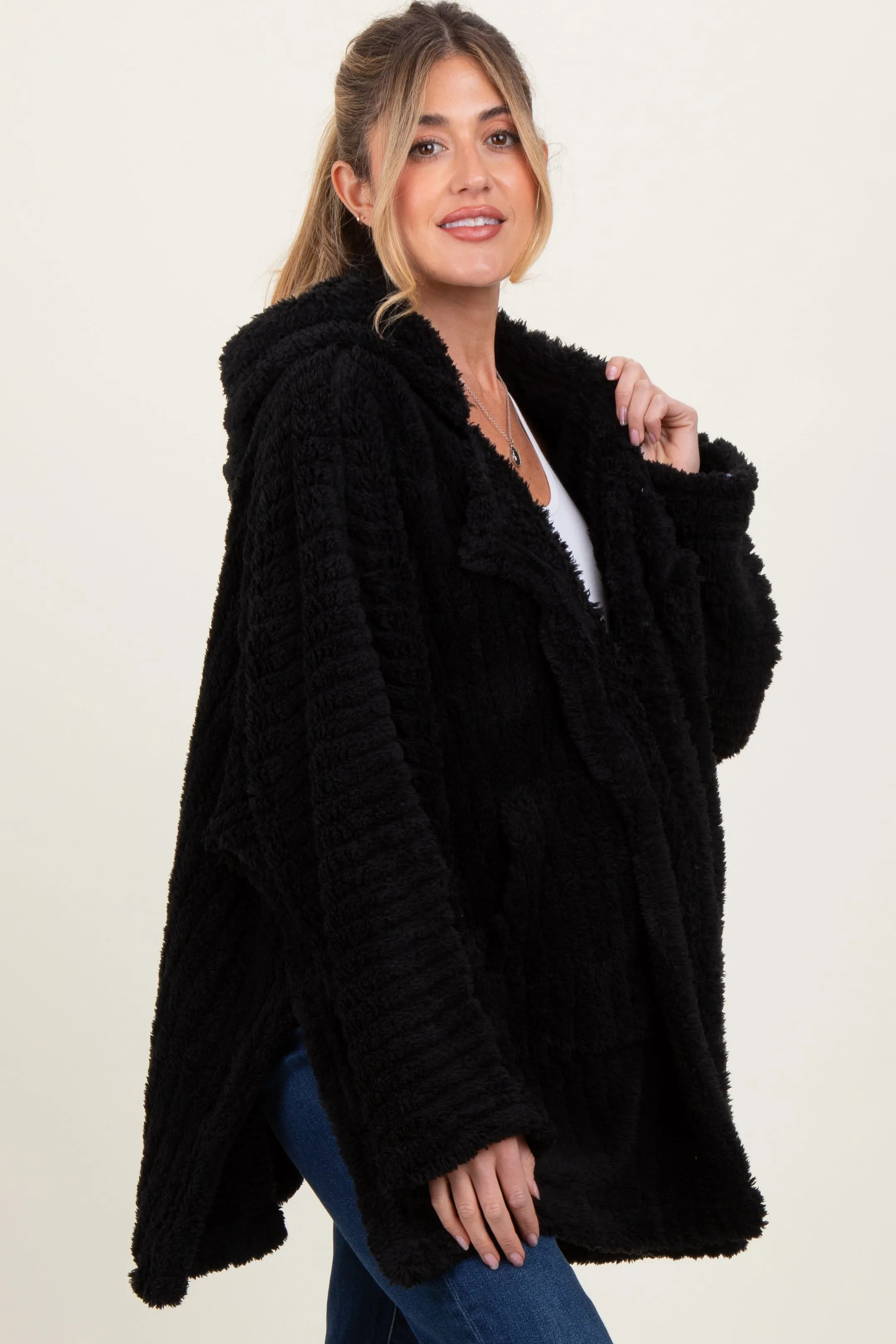 Black Fuzzy Slit Hem Hooded Maternity Cardigan