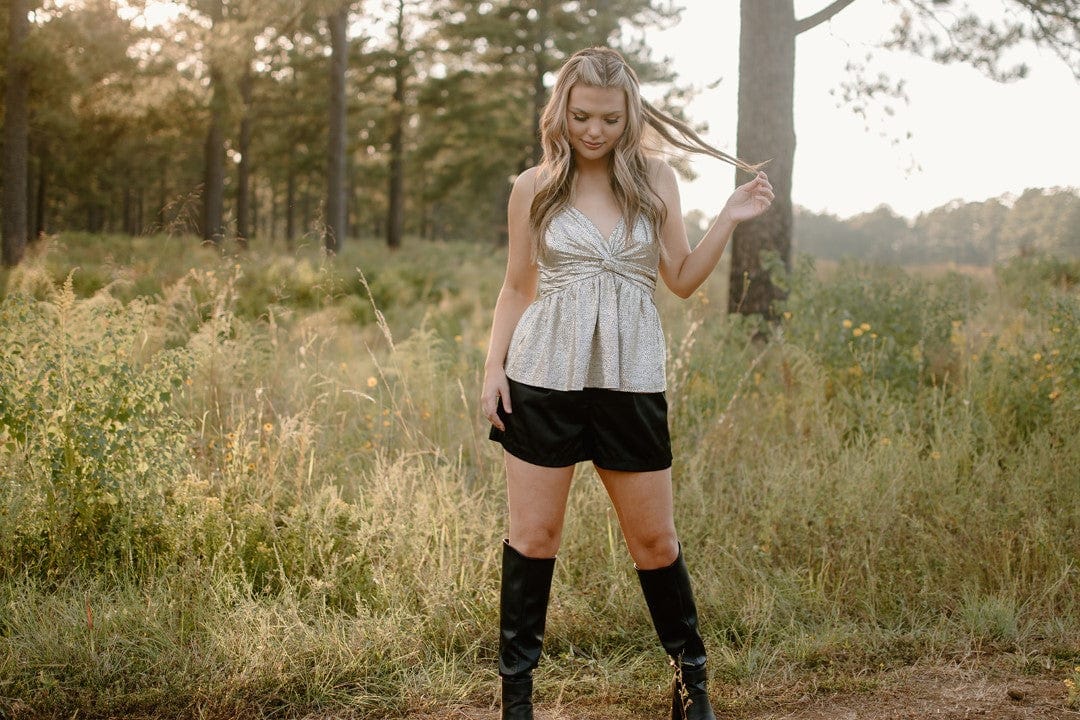 Black Pleated Satin Shorts