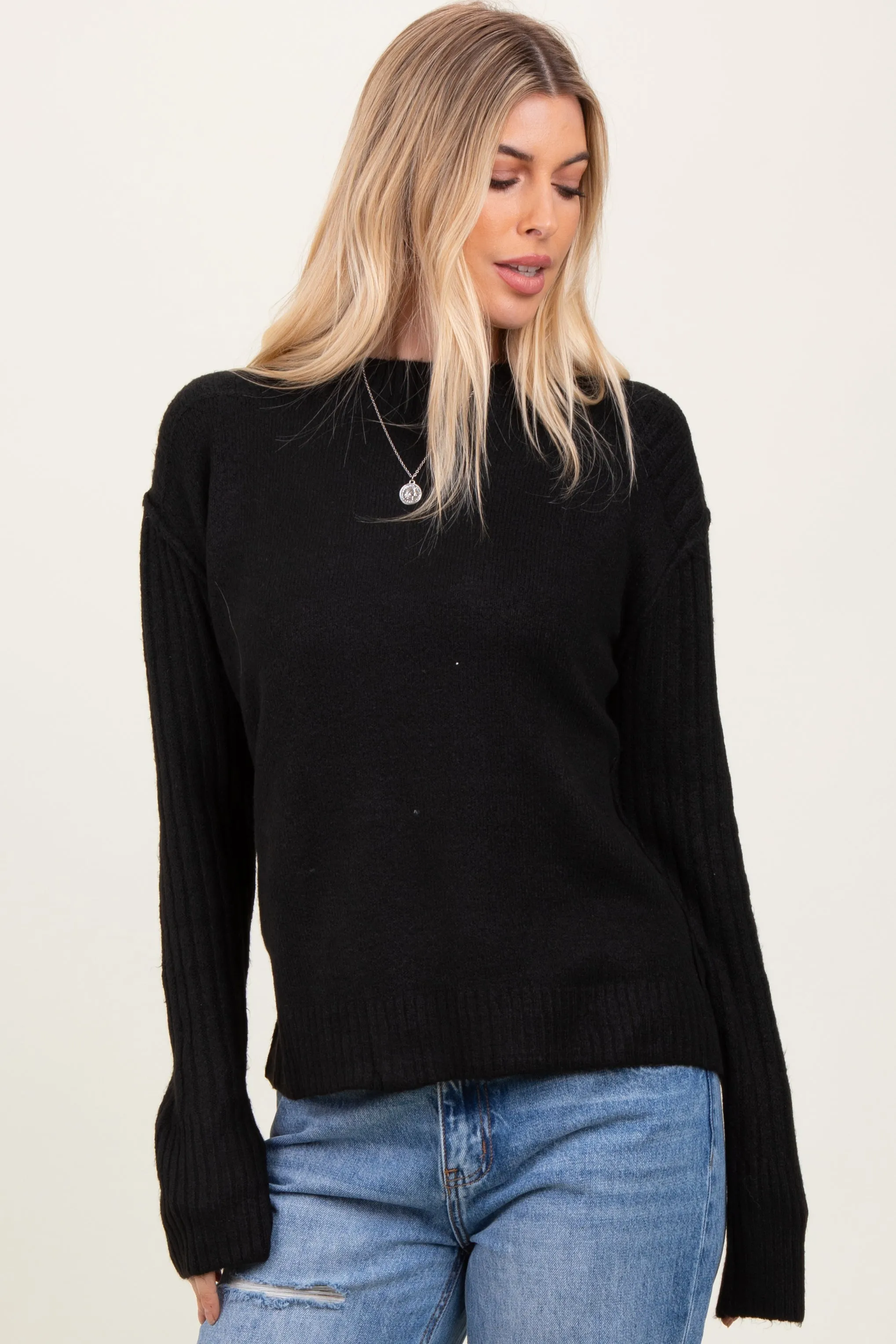 Black Raised Seam Long Sleeve Sweater